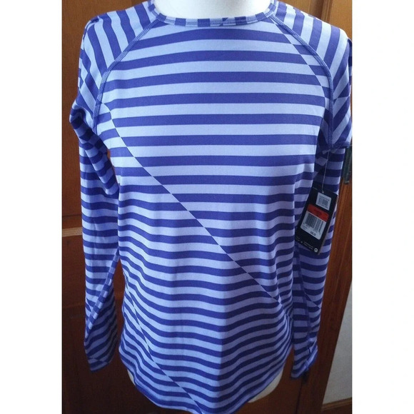 Nike Pro Womens Dri-Fit Shirt HyperWarm Fitted Long Sleeve Purple Stripe L - Picture 3 of 8